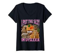 Womens I Put The Sexy in Dyslexia Funny Capybara Meme Bootleg Y2K V-Neck T-Shirt