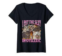Women's I Put The Sexy in Dyslexic Funny Cat Meme Bootleg Graphic V-Neck T-Shirt