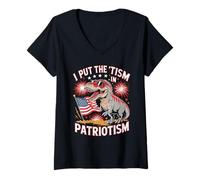 Womens I Put The Tism in Patriotism Dinosaur US Flag Sunglasses V-Neck T-Shirt