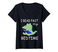 Womens I Read Past My Bed Time Crocodile Reading Book Lover Reading V-Neck T-Shirt