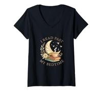 Womens I Read Past My Bedtime Cozy Moon Book Lover V-Neck T-Shirt