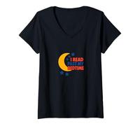 Womens I Read Past My Bedtime Crescent Moon Bookish Night Reader V-Neck T-Shirt