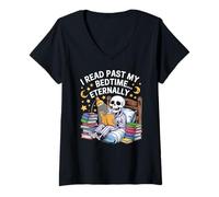 Womens I Read Past My Bedtime Eternally Funny Skeleton Book Lover V-Neck T-Shirt