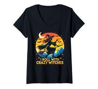 Womens I Roll With Crazy Witches Broom Squad Womens Top V-Neck T-Shirt