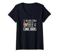 Women's I Run On Coffee & Comic Books Collector Graphic Novel Reader V-Neck T-Shirt