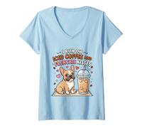 Women's I Run On Iced Coffee and Frenchie Kisses Cute Dog V-Neck T-Shirt