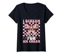 Womens I Scream for Ice Cream Cone Girl Mom Pink Coquette Bow V-Neck T-Shirt