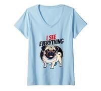 Women's I See Everything Pug Cute Dog V-Neck T-Shirt