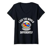 Women's I See The World Differently Autism Astronaut Puzzle V-Neck T-Shirt