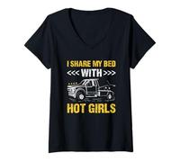 Womens I Share My Bed with Hot Girls Tow Truck Operator V-Neck T-Shirt
