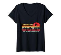 Women's I Smashed Three Peaks Challenge UK Hiking Retro Sunset V-Neck T-Shirt