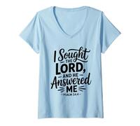Womens I Sought The Lord He Answered Me Bible Verse Christian Faith V-Neck T-Shirt