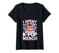 Womens I Spent All My Money On K-Pop Merch Kawaii Fox Lover V-Neck T-Shirt