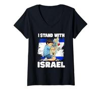Women's I Stand with Israel Boy Hugging Map Flag Jerusalem for Kids V-Neck T-Shirt