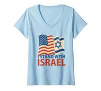 Womens I Stand with Israel USA American Flags Support Art V-Neck T-Shirt