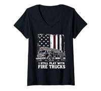 Women's I Still Play with Fire Trucks Thin Red Line Firefighter V-Neck T-Shirt