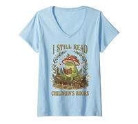 Women's I Still Read Children's Book Retro Mushroom Cottagecore Frog V-Neck T-Shirt