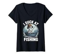Womens I Suck at Fishing Fisherman Joke Skeleton Bass Fishing V-Neck T-Shirt
