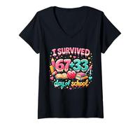Women's I Survived 67 33 100 Days of School Teachers Students Kids V-Neck T-Shirt