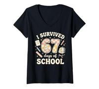 Women's I Survived 67 Days of School 6 7 100 Graphic V-Neck T-Shirt