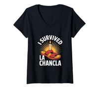 Women's I Survived Funny Saying Chancla Candle Vector V-Neck T-Shirt