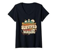Women's I Survived My 1st Year Nursing Funny Retro Nurse Graduation V-Neck T-Shirt