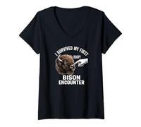 Women's I Survived My First Bison Encounter Boop Funny V-Neck T-Shirt