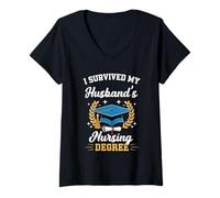 Womens I Survived My Husband's Nursing Degree Graduation V-Neck T-Shirt