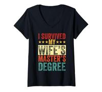 Womens i survived my wife masters program Funny Wife Graduation V-Neck T-Shirt