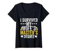 Womens i survived my wife masters program Funny Wife Graduation V-Neck T-Shirt