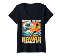 Womens I Survived The Great Hawaii Tsunami of 2025 | Retro Wave V-Neck T-Shirt