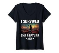 Womens I Survived The Rapture 2025 Funny Apocalypse End Times Joke V-Neck T-Shirt