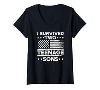 Womens I Survived Two Teenage Sons Parenting Mom Dad Teenager Boy V-Neck T-Shirt