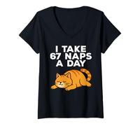 Womens I Take 67 Naps A Day Funny Cat Six Seven Meme V-Neck T-Shirt