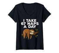 Womens I Take 67 Naps A Day Funny Sloth Six Seven Meme V-Neck T-Shirt