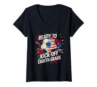 Women's I Teach Ready KICK Off Eighth Grade Soccer First Day V-Neck T-Shirt