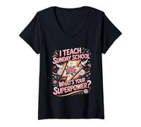 Women's I Teach Sunday School What's Your Superpower V-Neck T-Shirt