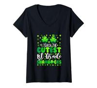Women's I Teach The Cutest 1st Grade Shamrocks Patrick's Day Teacher V-Neck T-Shirt