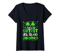 Women's I Teach The Cutest 8th Grade Shamrocks Patrick's Day Teacher V-Neck T-Shirt