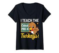 Womens I Teach The Cutest Pre-k Turkeys Thanksgiving Thankful V-Neck T-Shirt