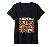 Womens I Teach The Cutest Turkeys Funny Thanksgiving Teacher Bird V-Neck T-Shirt