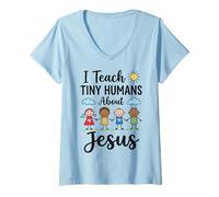 Women's I Teach Tiny Humans About Jesus - Religious Education Tutor V-Neck T-Shirt