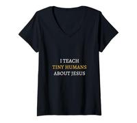 Womens I Teach Tiny Humans About Jesus Teacher V-Neck T-Shirt
