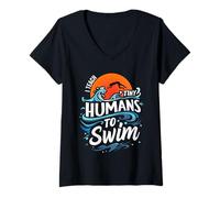 Womens I Teach Tiny Humans To Swim Instructor Retro Wavy Swimming V-Neck T-Shirt