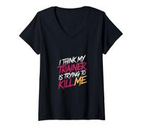 Womens I Think My Trainer is Trying to Kill Me Gym Tired - V-Neck T-Shirt