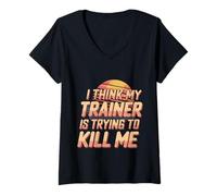 Womens I Think My Trainer is Trying to Kill Me Gym Tired |- V-Neck T-Shirt