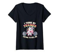 Womens I Think My Trainer Is Trying To Kill Me Unicorn Workout V-Neck T-Shirt