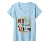 Women's I Think Therefore I Pray Christian Faith Prayer Design V-Neck T-Shirt