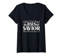 Womens I Trust in Jesus My Savior - He Will Never Leave Me V-Neck T-Shirt