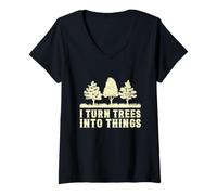 Women's I Turn Trees Into Things Carpenter Woodworking Dad Granddad V-Neck T-Shirt